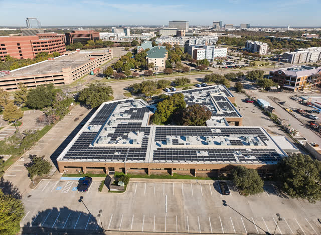 Aerial view of the campus with its solar roof