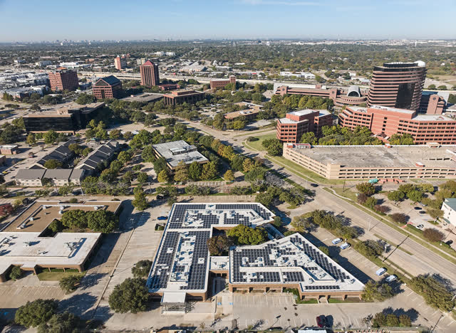 Aerial view of the campus and Richardson skyline