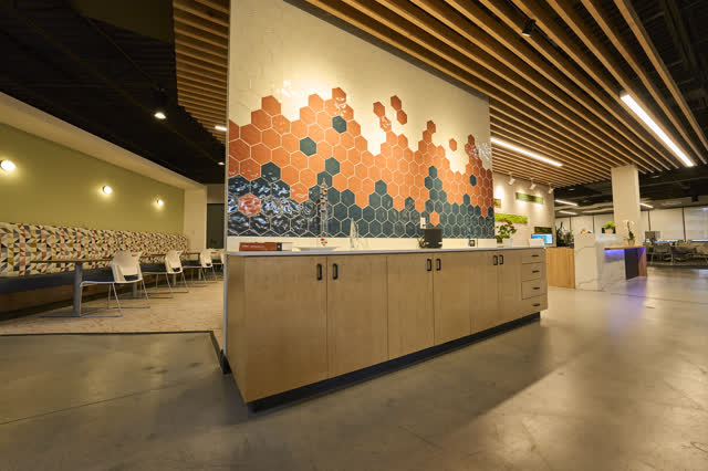 Hexagon tile mural and coffee bar