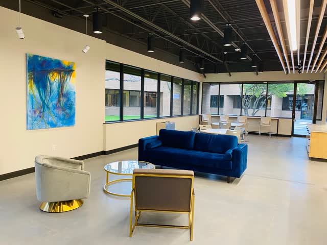 Lounge with velvet sofas and original art